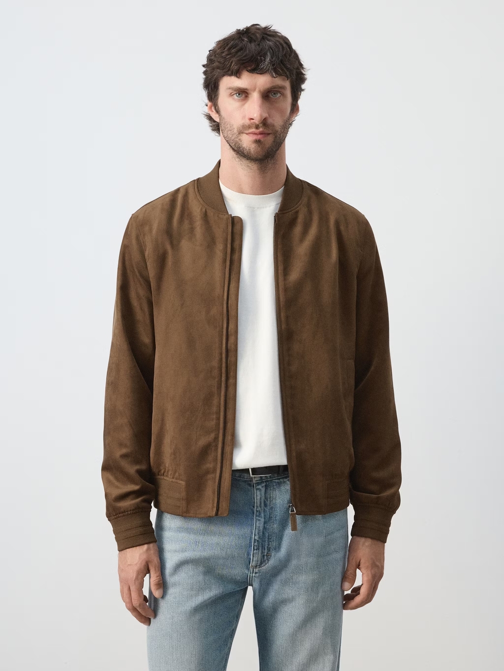 MNG Men's Brown Suede-style Bomber Jacket - Classic Style Size Medium
